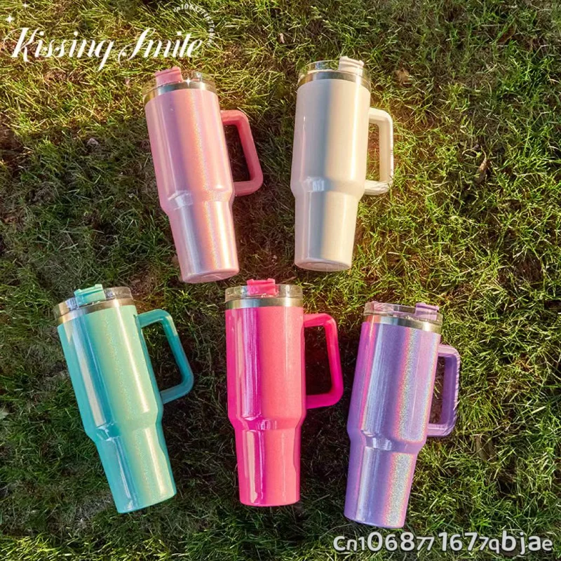 

1200ml Rainbow Water Bottle Thermos Large Capacity Fashion Coffee Thermos 40oz Stainless Steel Mug Car Cup Portable Straw Travel