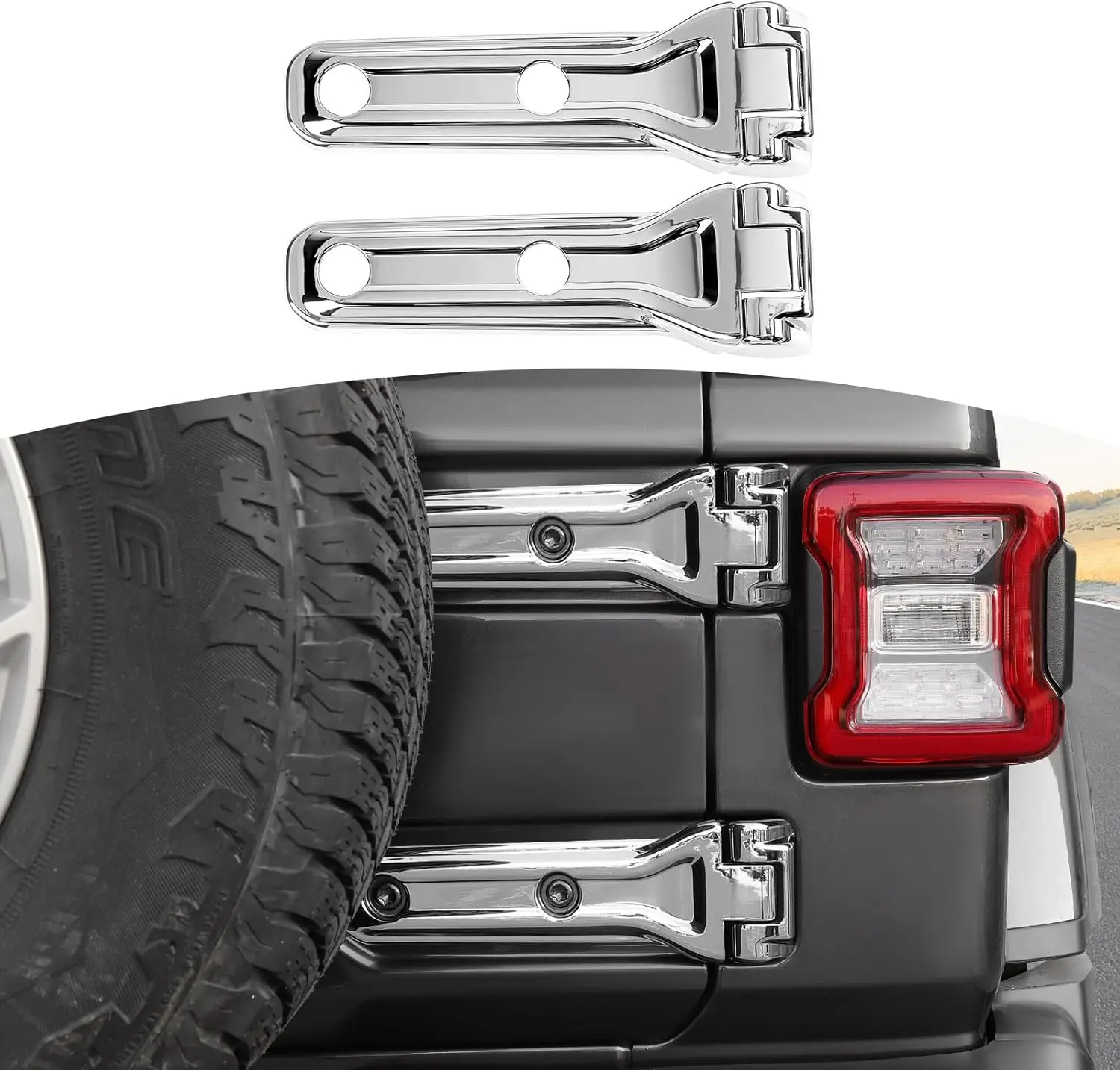 Фото Накладки на петли задней двери (крышки) для Jeep JL, черные, для Jeep Wrangler JL JLU 2018 года и новее, черные/серебристые, внешние аксессуары №2