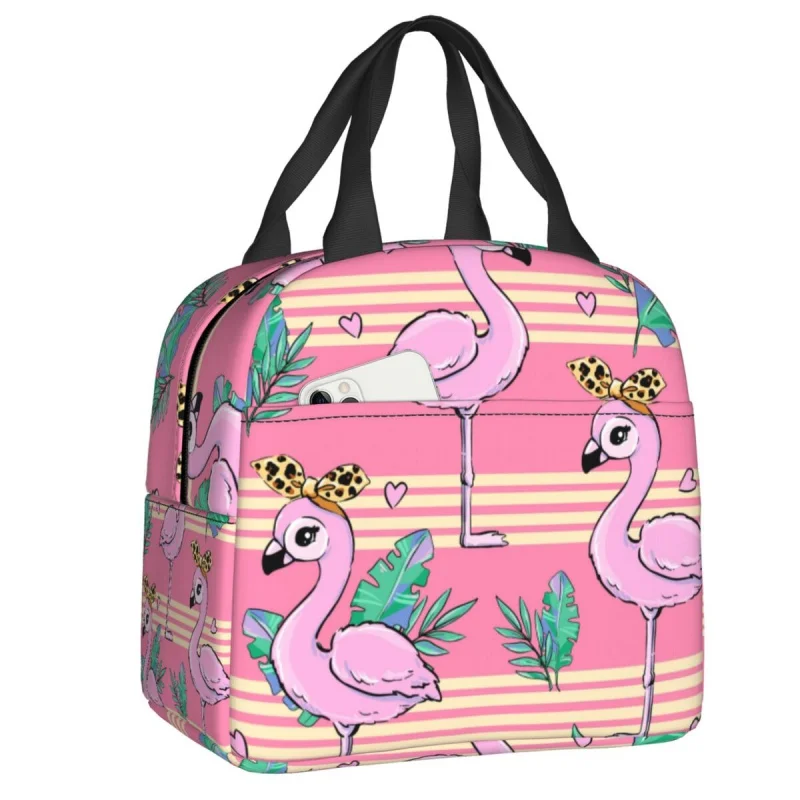 

Cute Flamingo With Leopard Bow Tropical Leaves Thermal Insulated Lunch Bags Women Birds Lunch Tote for School Outdoor Food Box