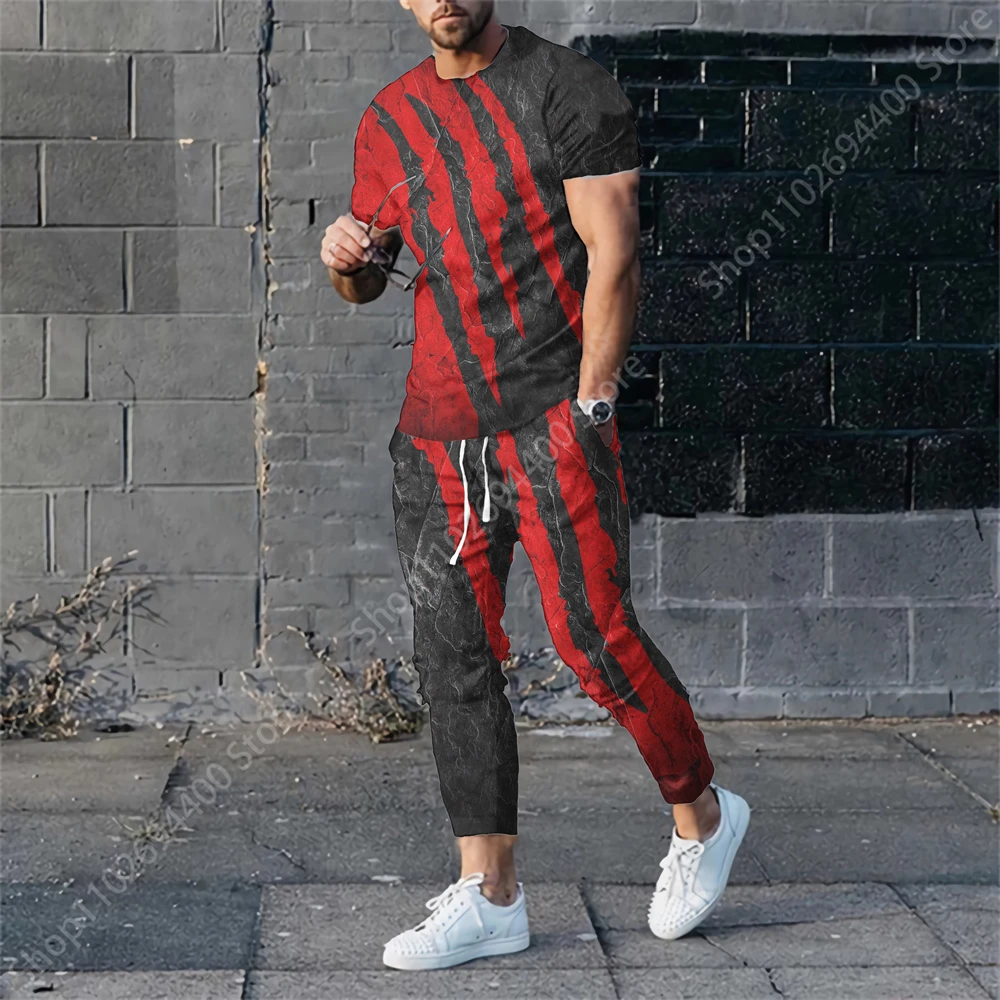 Men's Summer Tracksuit Stripe Print T-shirt Trousers Set Male Fashion Jogging Suit Casual Streetwear Vintage Outfit Clothing
