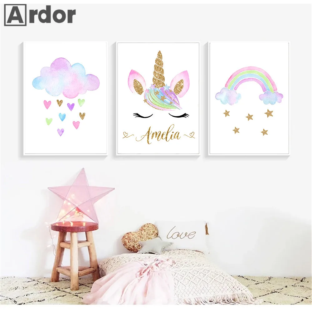 

Unicorn Cloud Rainbow Wall Art Canvas Painting Custom Name Poster Nursery Art Prints Nordic Wall Pictures Baby Girl Room Decor