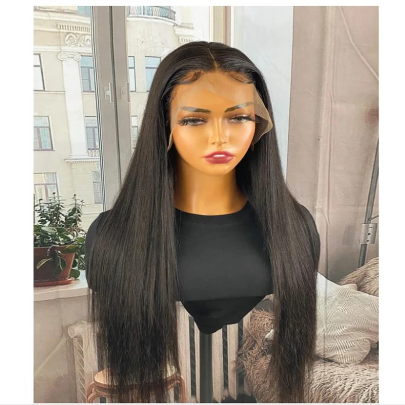 26Inch 180%Density Natural Black Soft Silky Long Straight Glueless Lace Front Wig For Women With Baby Hair Natural Hairline