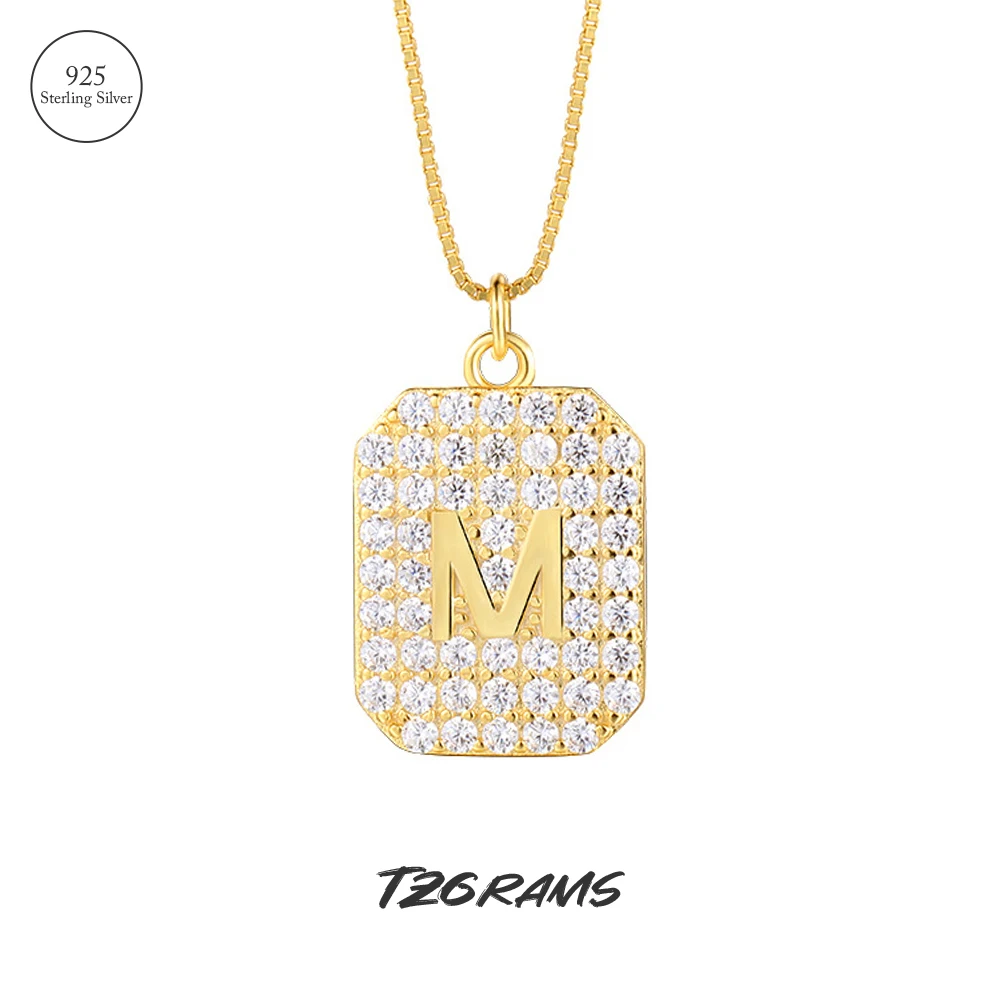 

TZgrams 925 Sterling Silver Gold Square Letter M Pendant Chain for Women Zircon Hiphop Necklace Fashion Statement Jewelry