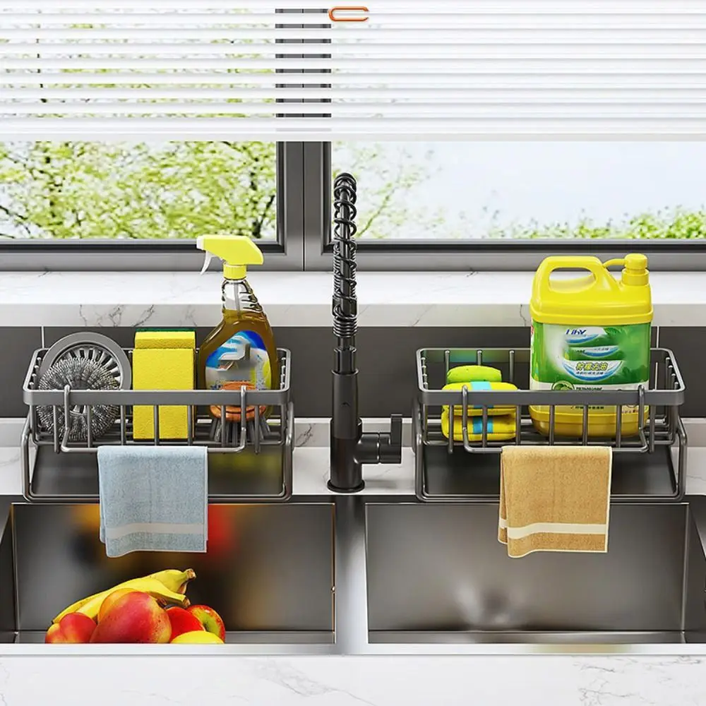 

With Drain Tray Sink Organizer Multifunctional Stainless Steel Cleaning Brush Organizer With Hanging Rail Storage Rack
