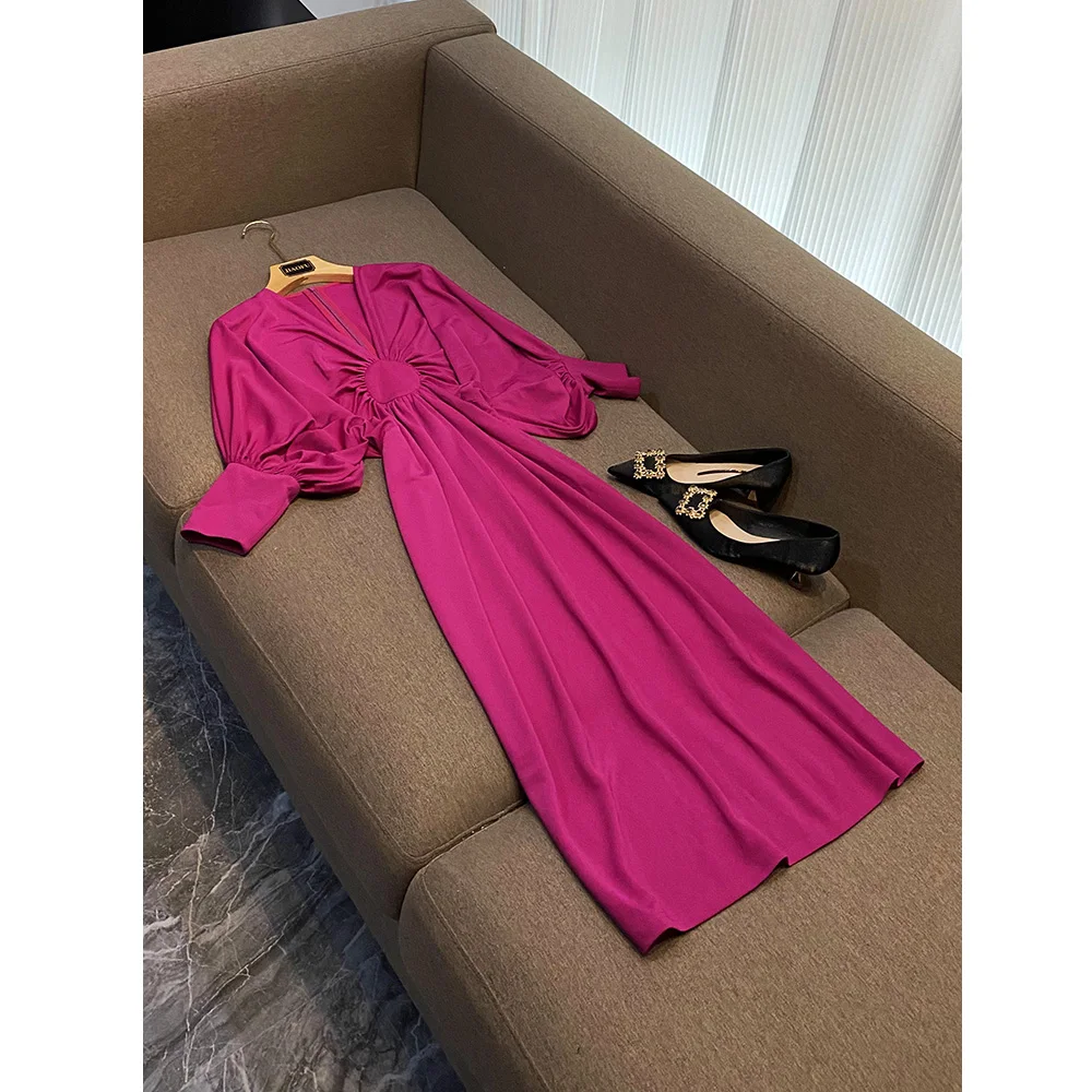 Rose Red Puff Sleeve V Neck Loose Casual Fashion Summer Women Elegant Long Dress