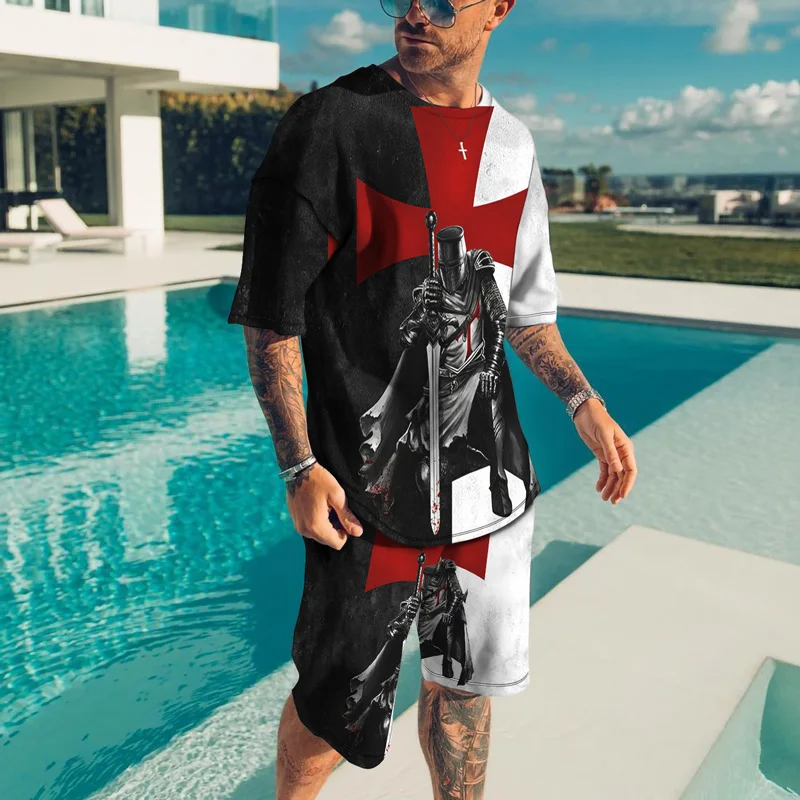 New Summer Men's Large Size Sportswear Retro Street Wear 3D Printed T-shirt Men's Premium Summer T-shirt + Shorts Two-piece Set