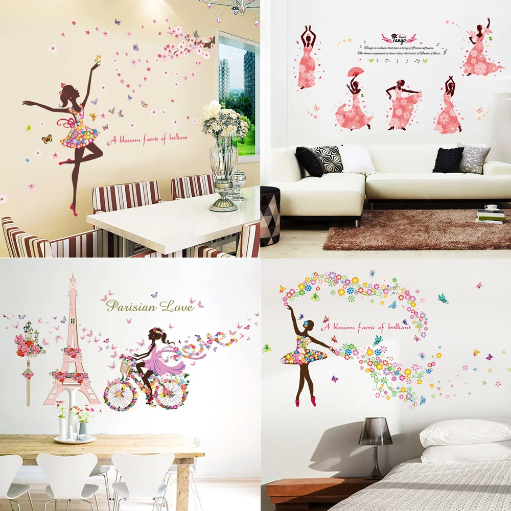 

Мультяшный цветок фея велосипед башня танцующая девушка домашний декор настенные наклейки для девочек комната спальня фон Декор обои
