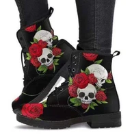 women ankle boots low heels shoes woman vintage pu leather 2022 autumn warm winter high snow boots motorcycle skull pansy