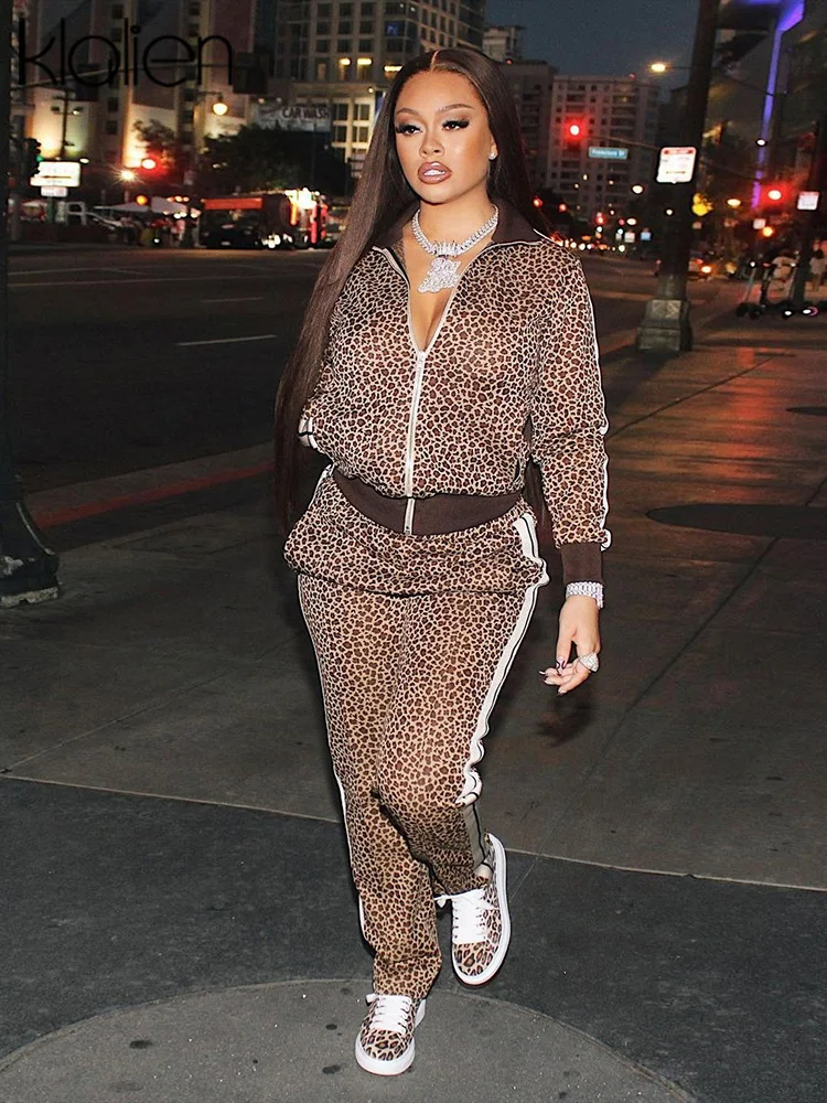 

KLALIEN Модный повседневный принт на молнии пальто и брюки комплект из двух предметов для женщин Осень простой дикий тонкий тянущийся спортивный костюм Y2K Новинка