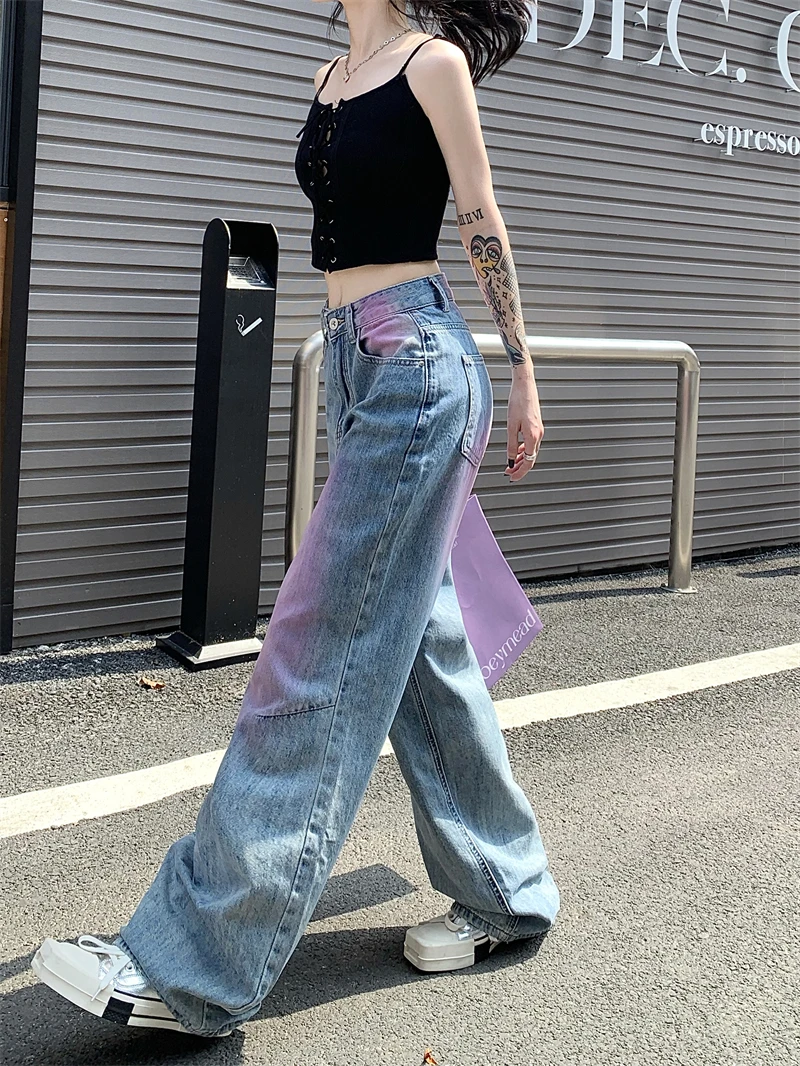 High Waist  All-Matching Dyed Jeans Women 2023 Spring and Summer New Retro Contrast Color Loose-Fitting Wide-Leg Trousers
