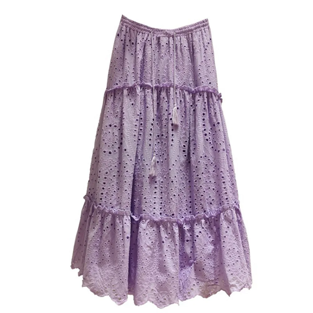 

Plain A-Line Ankle-Length Print Ethnic Women's Skirt Light Purple Embroidered Hollow Literary Lace Up Ladies High Waist Skirts