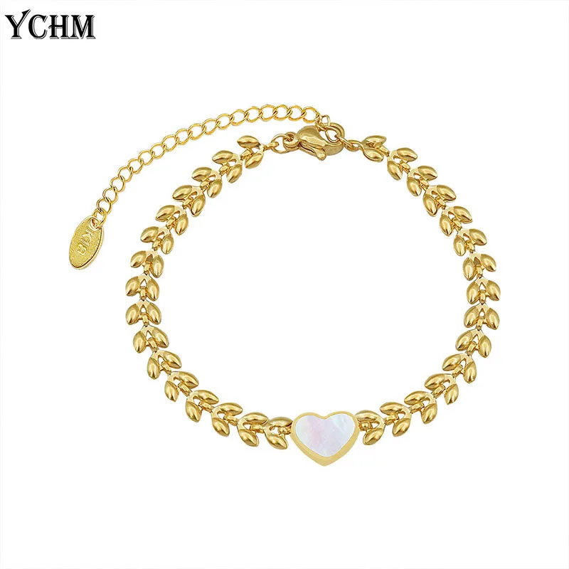 

Stainless Steel Wheat Chian Bracelet for Women Natural Shell Heart Charm Bracelet Love 18 K Gold Plated Round Shell Bracelet