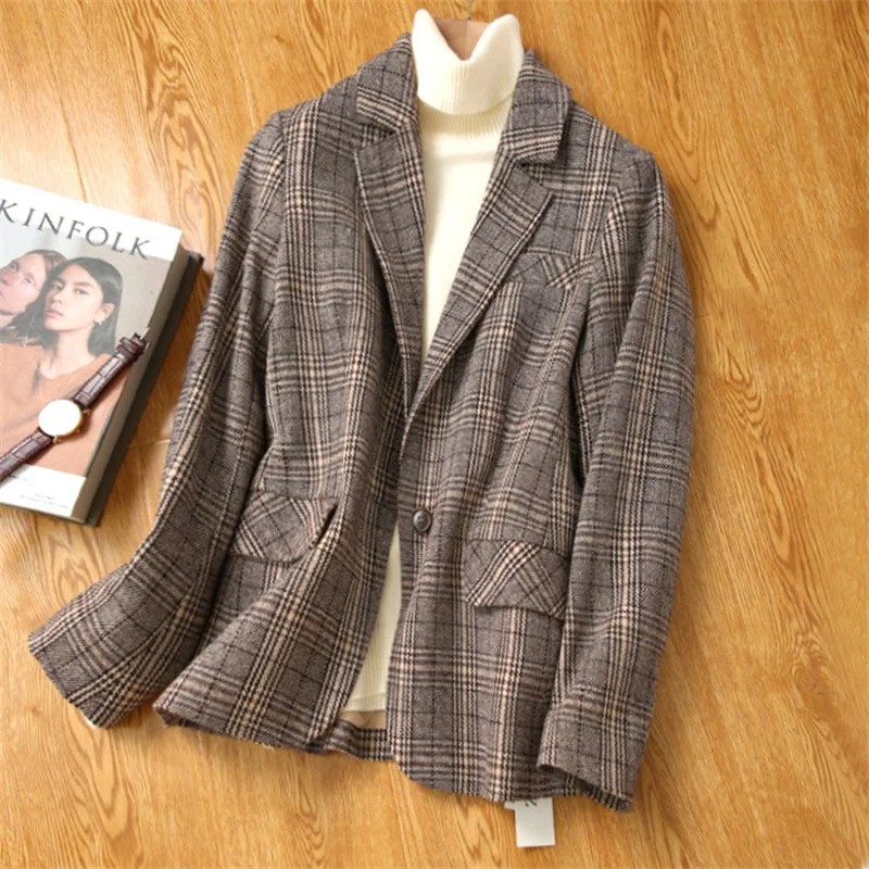 

Vintage Single Breasted Plaid Blazer For Women 2022 Big Name Autumn Slim Plaid Coat Jacket Women Office lady Suit Female K327