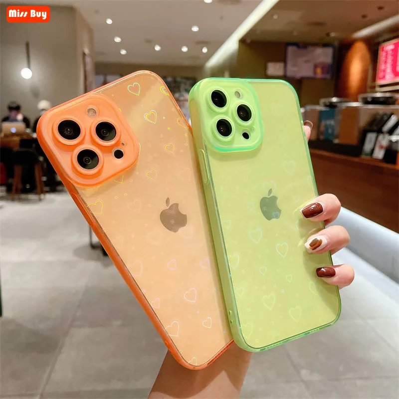 

Colorful Love Hearts Camera Lens Protection Transparent Case for iPhone 13 12 11 Pro Max Mini X XS Max XR 7 8 6 6S Plus Cover