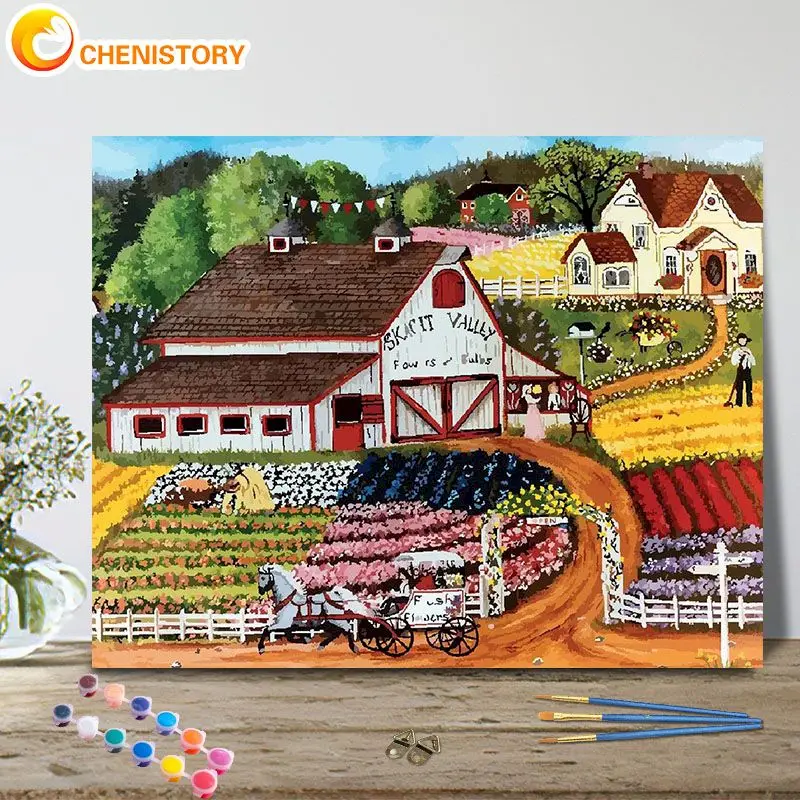 

CHENISTORY Painting By Number Village Scenery DIY Pictures By Numbers Kits Drawing On Canvas HandPainted Paintings Home Decor