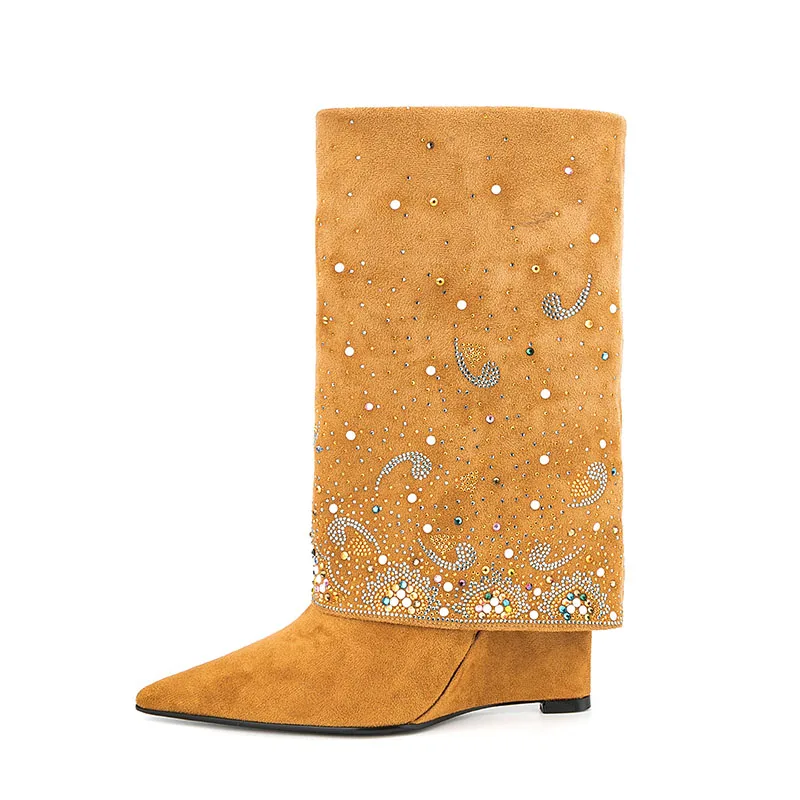 

Suede Pointed-Toe Rhinestone Wedge Boots Women Elegant Cuffed High Heel Booties Silp On Yellow Trouser Botines Women Shoes