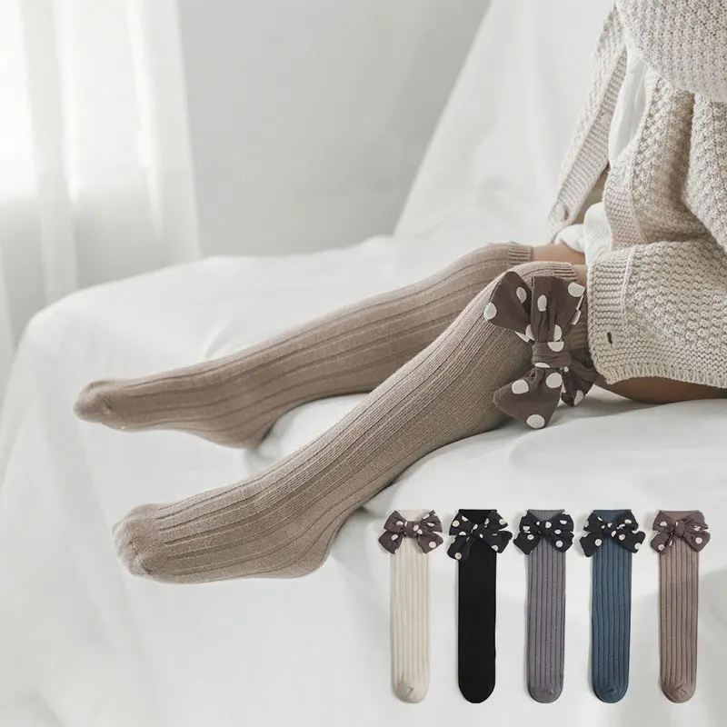 

Детские носки для девочек, милые носки до колена в горошек с бантом для детей, Осенние аксессуары, колготки для маленьких девочек, носки