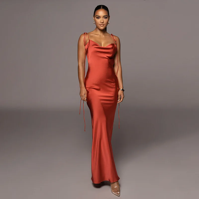 

European and American Women's 2023 Summer New Fashion Sexy Open Back Slim Fit Lace up Solid Color Dress