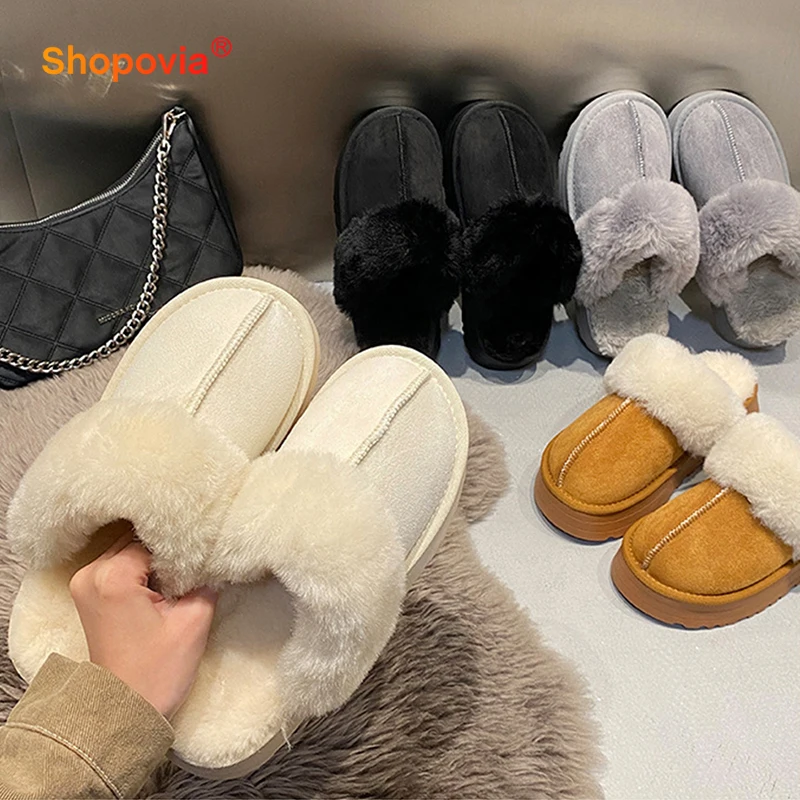 

Шлепанцы женские зимние плюшевые, меховые сандалии на платформе, без застежки, сланцы, толстая подошва, хлопковая домашняя обувь