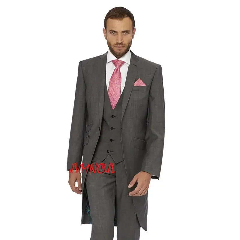

tailor made dark gray Groom men suit Tuxedos Notch Lapel one button Long Tail coat Groomsman mens Suits ( jacket+Pants+vest+tie)