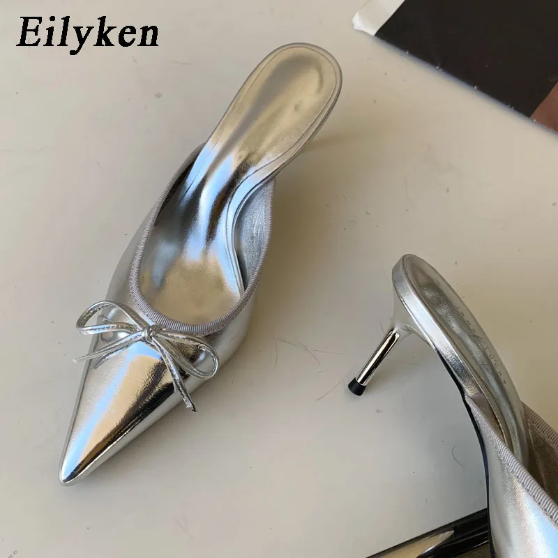 

Eilyken/Коллекция 2023 года; Серебристые женские шлепанцы с острым носком и бантом-бабочкой; Модные элегантные вечерние модельные босоножки на низком каблуке