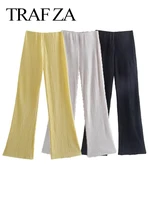 traf za fashion elegant casual trousers women elastic waist pleated fabric comfortable solid color wide leg pants loose daily