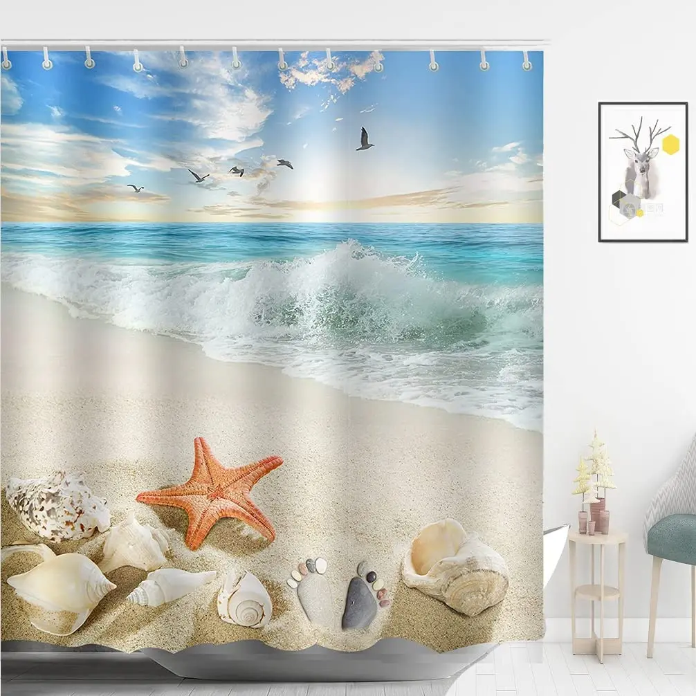 

Starfish Beach Shower Curtains 3D Seashell Ocean Theme Waterproof Polyester Fabric Bathroom Decor with Hooks Bathtub Curtains