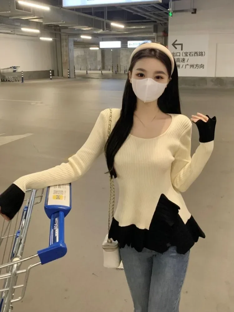 Y2K асимметричный вязаный свитер пуловеры черный Sueter Mujer винтажная туника с