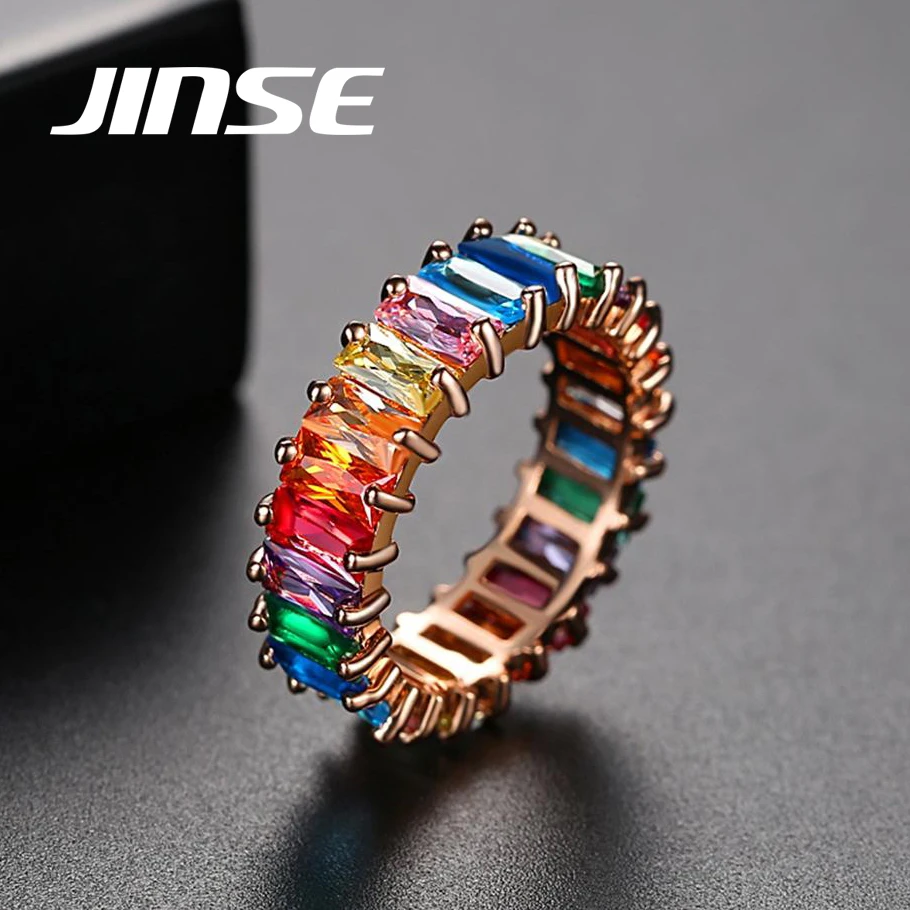 

JINSE 5mm Baguette Stackable Ring Rose Gold Color Cubic Zirconia Rings For Women Men Fashion Finger Wedding Band Jewelry Gift