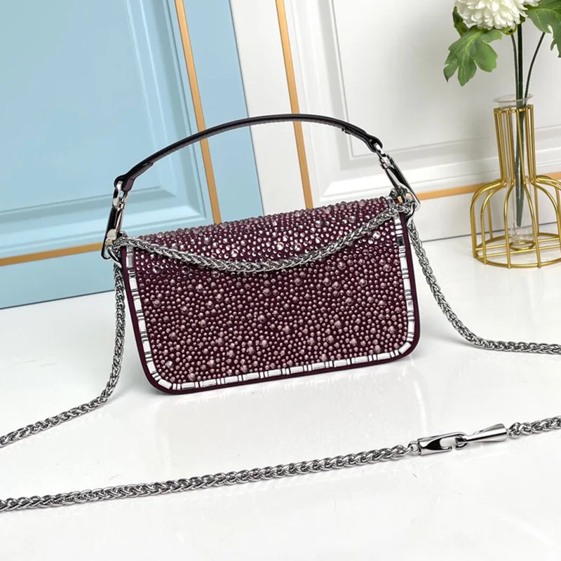 New Women's Bag Beaded Chain Bag Fashion Retro Shoulder Bag Top Handbag Shiny Purse Ladies Dinner Bag Armpit Bag