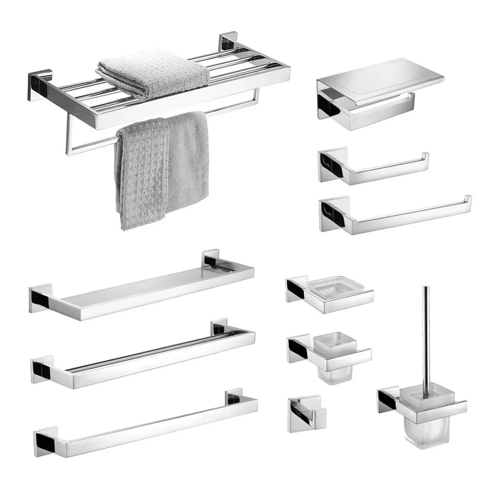 

2023 Stainless Steel Bathroom Hardware Mirror Chrome Polished Towel Rack Toilet Paper Holder Towel Bar Hook Bathroom Accessories