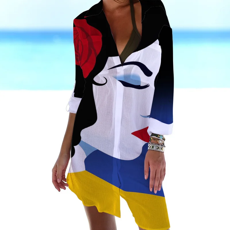 

Summer women top sexy V-neck office shirt Beach sunscreen shirt Print cover shirt bikini shirt