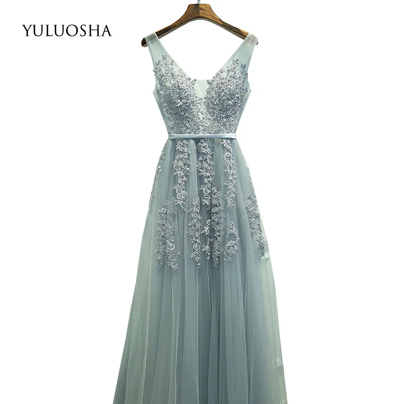

YULUOSHA 2020 Sexy V-Neck Sleeveless Applique Evening Party Prom Formal Gowns Long Tulle Dresses Vestidos De Fiesta De Noche