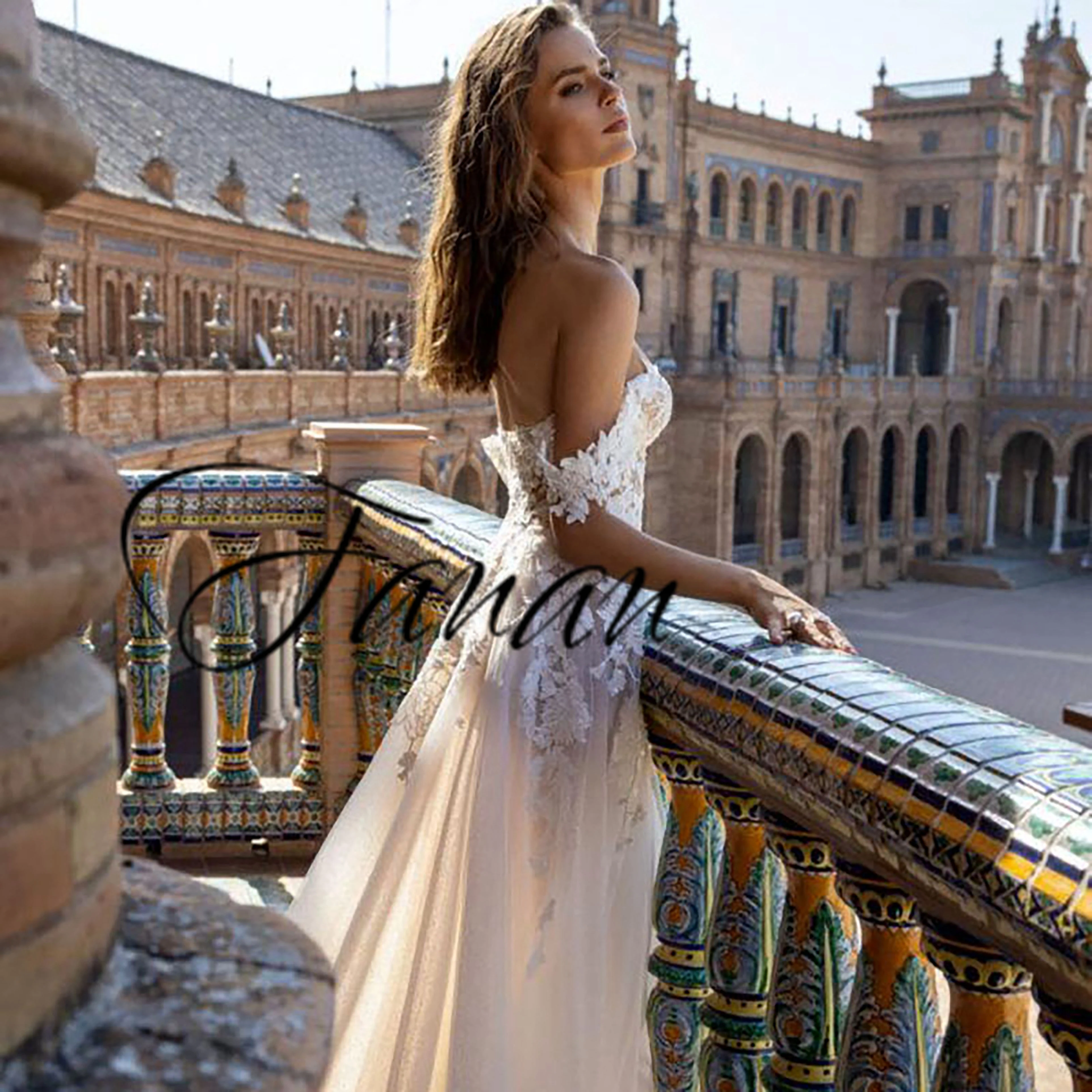 

Сексуальные свадебные платья на тонких бретельках со шлейфом, Кружевная аппликация, женское свадебное платье с открытой спиной и юбкой-год...