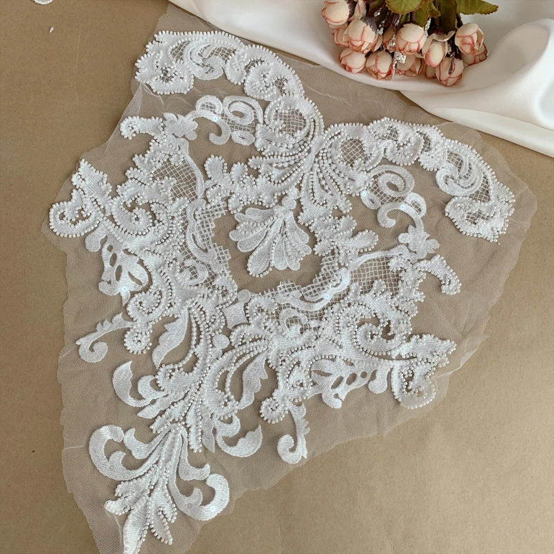 

New European Pattern Porcelain White Bead Embroidery Lace Flower Pieces DIY Wedding Veil Accessories off White