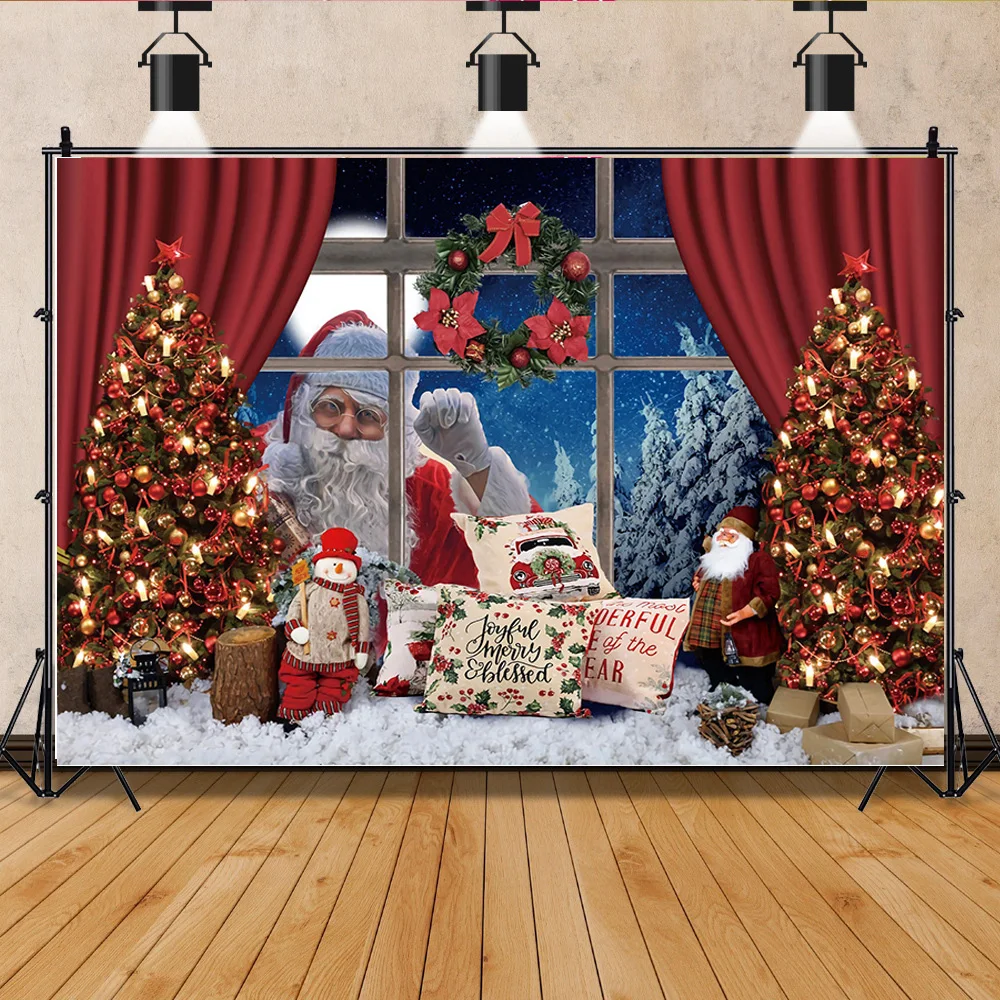 

Photorealistic Fabric Christmas Day Photography Backdrops Snowman and Pine Trees Forest Garland Photo Studio Background FSS-02