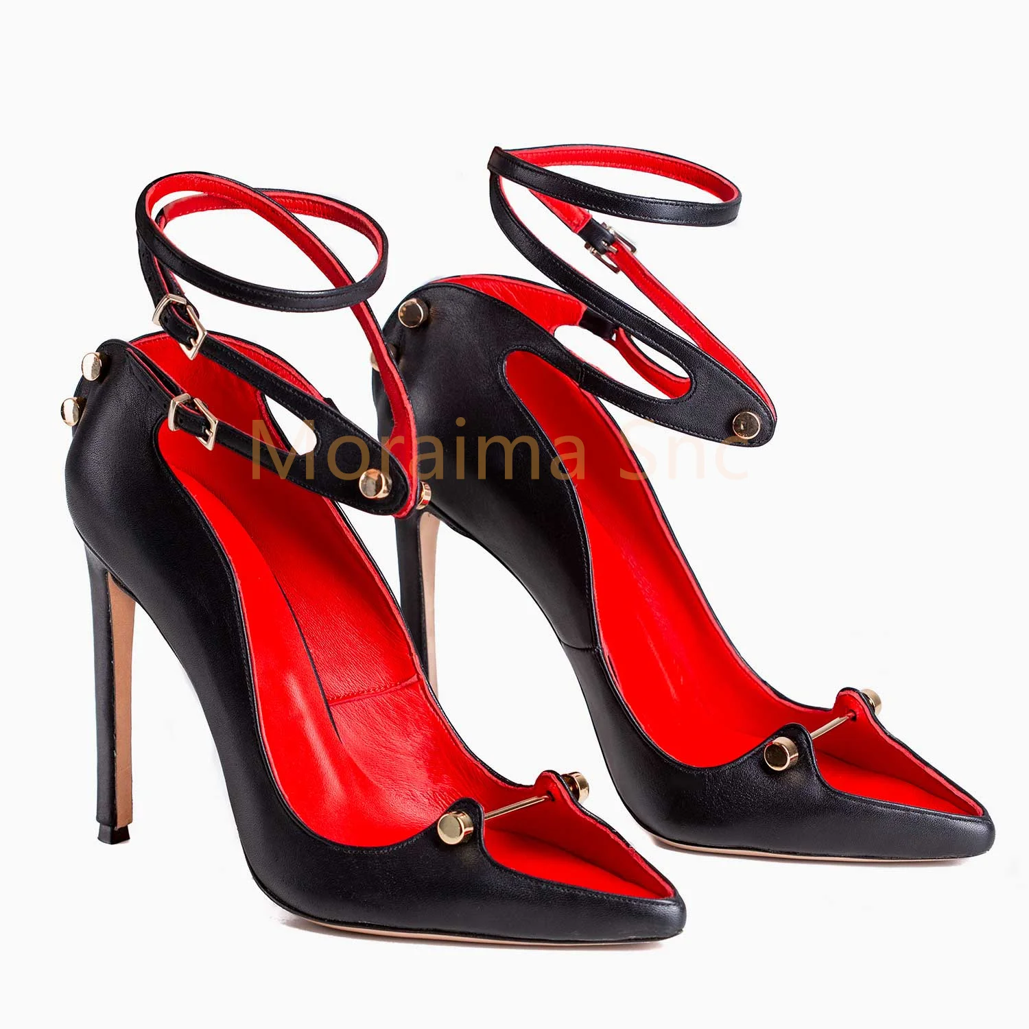Metal Buckles Thin High Heels Women Pumps Pointed Toe Cut-Out Black Red Party Wedding Shoes Single Shoe Leather Spring Autumn