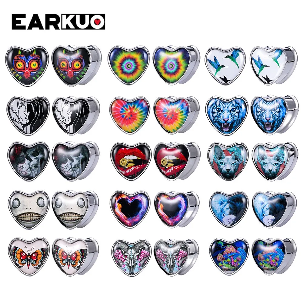 

EARKUO Unique Stainless Steel Animal Skeleton Heart Shape Ear Tunnels Expanders Plugs Piercing Body Jewelry Earring Gauges 2PCS