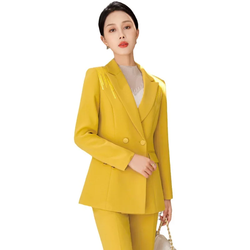 

Elegant Office Ladies Pant Suit Women Female Yellow Black Slim Blazer And Trouser Formal Business Work Wear 2 Piece Set
