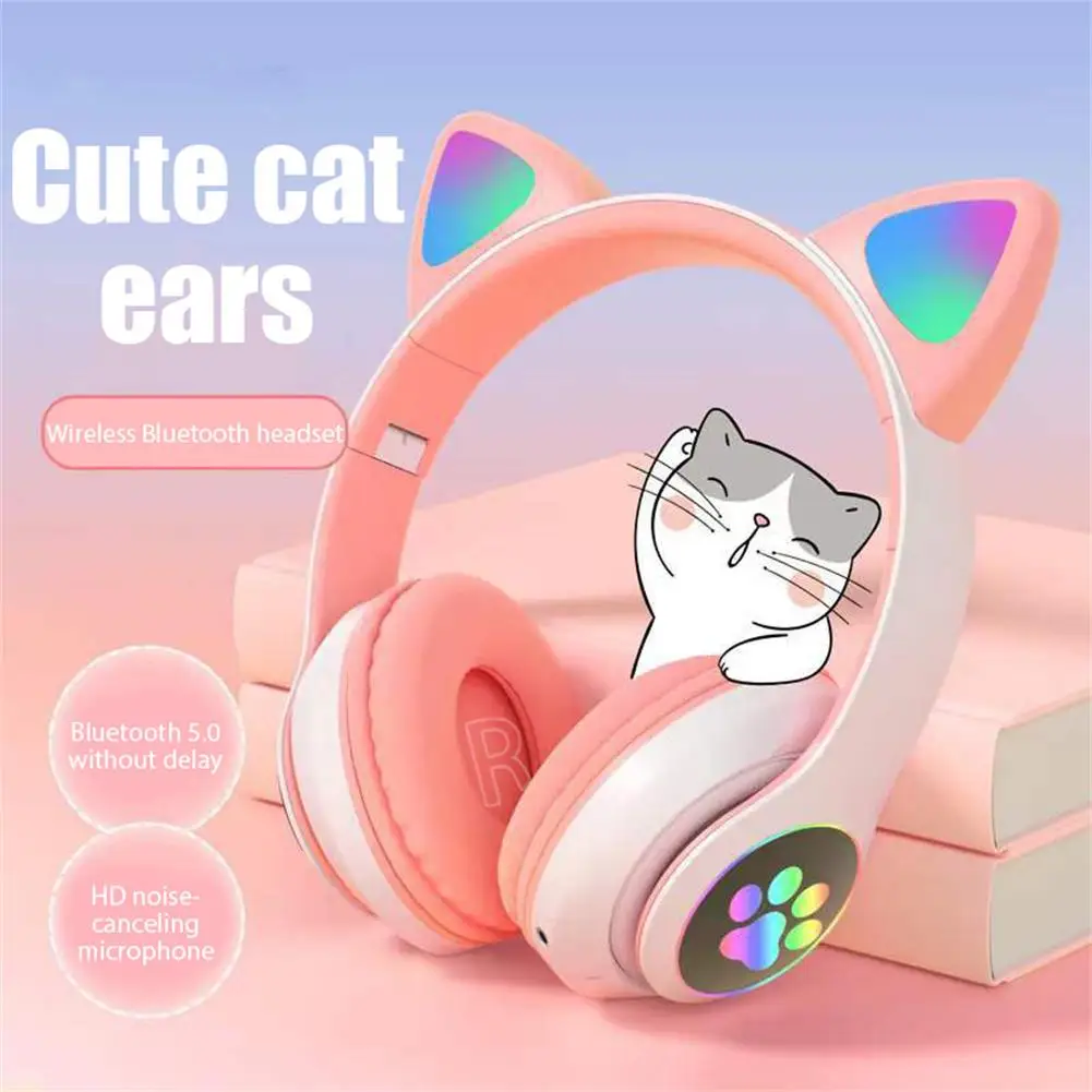 Cute Cat Ear Bluetooth Headphones LED Light Flash Stereo Foldable Wireless Headsets With Mic TF FM For Children Kid Girl Gifts