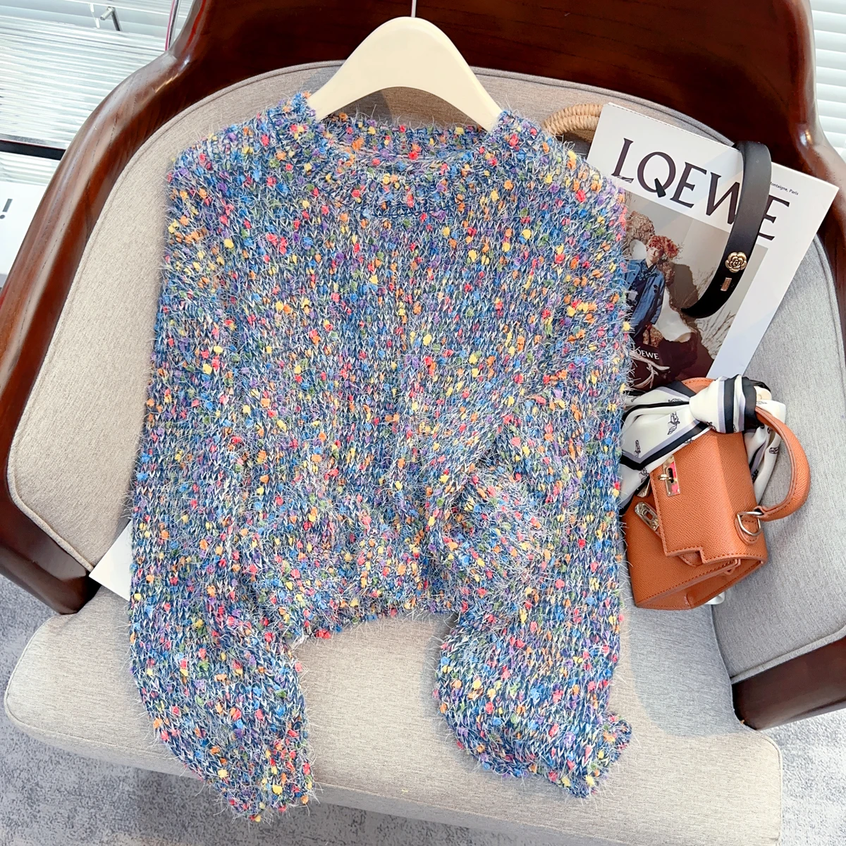 

Короткий свитер в красочный горошек, Женский мягкий мохеровый вязаный пуловер радужной расцветки на осень и зиму, топ, женская трикотажная одежда, джемперы