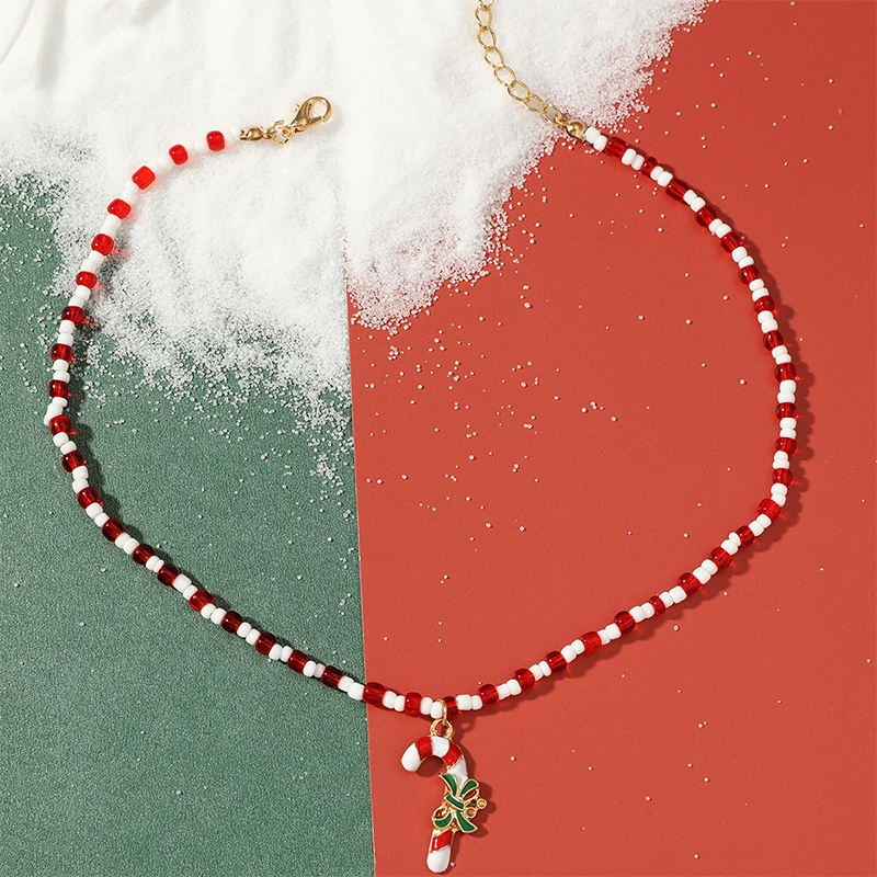 

Christmas New Christmas Candy Colored Rice Beads Stitched Short Necklace Crutch Pendant Sweater Chain