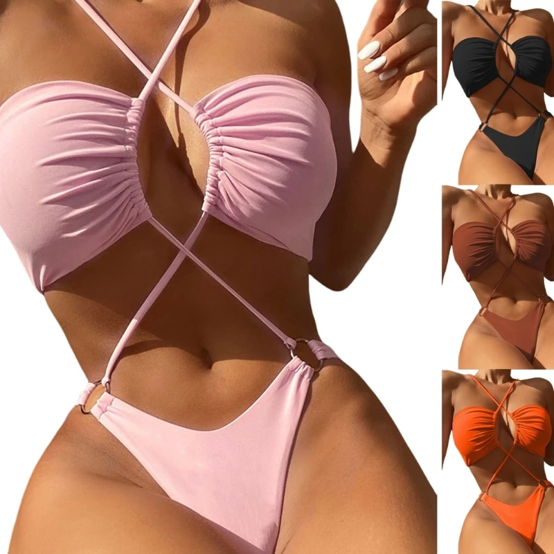 

Sexy Cut out Swimsuit for Women Solid Color Halter One Piece Swimwear Lady Tummy-Control Lace Up Bathing Suit Beachwear