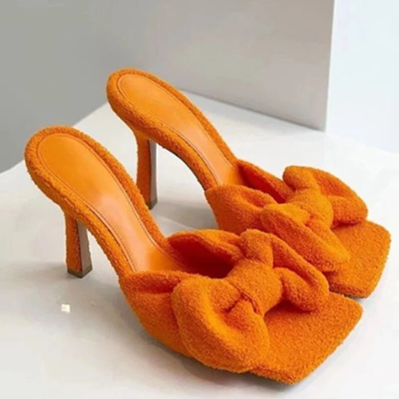 

High Heels Slippers Women Sandals 2022 New Summer Designer Bow Square Toe Pumps Ladies Thick Shoes Party Slides Dress Flip Flops