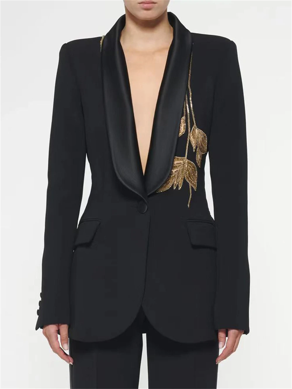 Золотые бусины Аппликации женский костюм декор листьев одна пуговица шаль шея