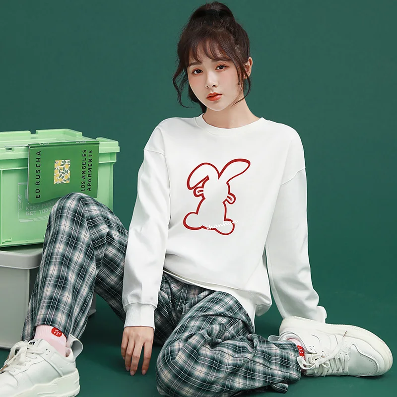 

Round Collar Girls Spring 2023 new short-style loose long-sleeved print casual thin-style headdress student sweater girls white