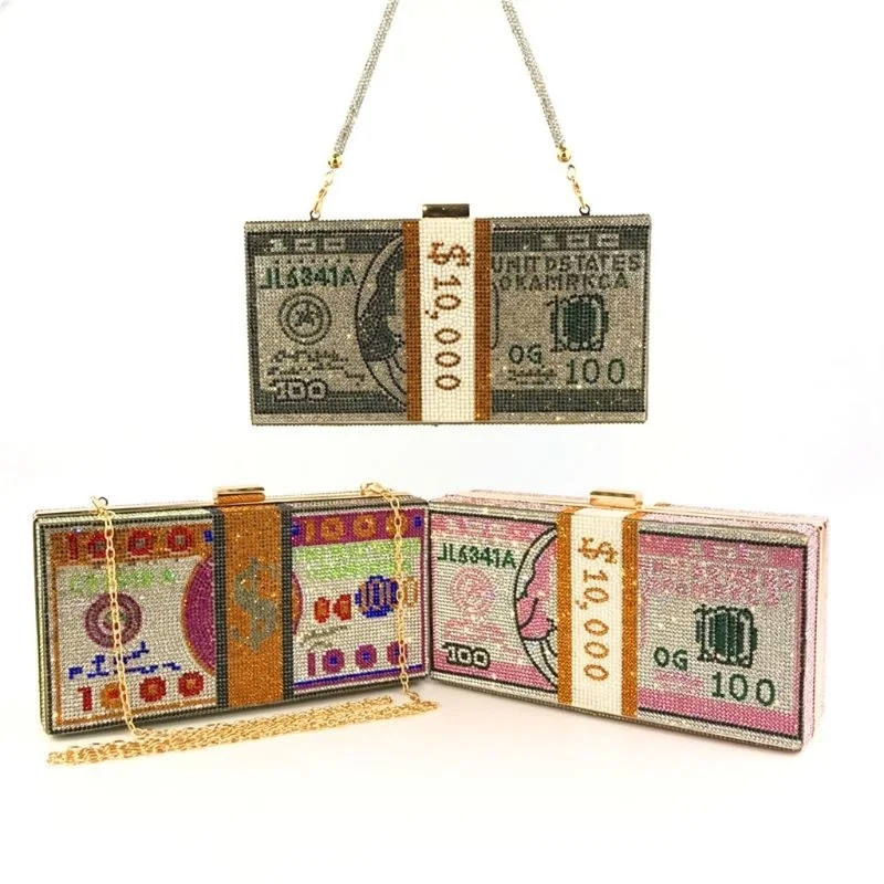 

Money Clutch Rhinestone Evening Party Dinner Bag 10000 Dollars Stack of Cash Handbags Shoulder Purse 8 Color