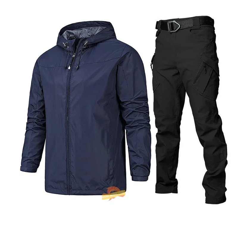 

Новинка 2022, Мужская весенне-осенняя одежда для рыбалки, костюмы, уличная тонкая ветрозащитная водонепроницаемая Спортивная походная куртка с капюшоном + тактические брюки