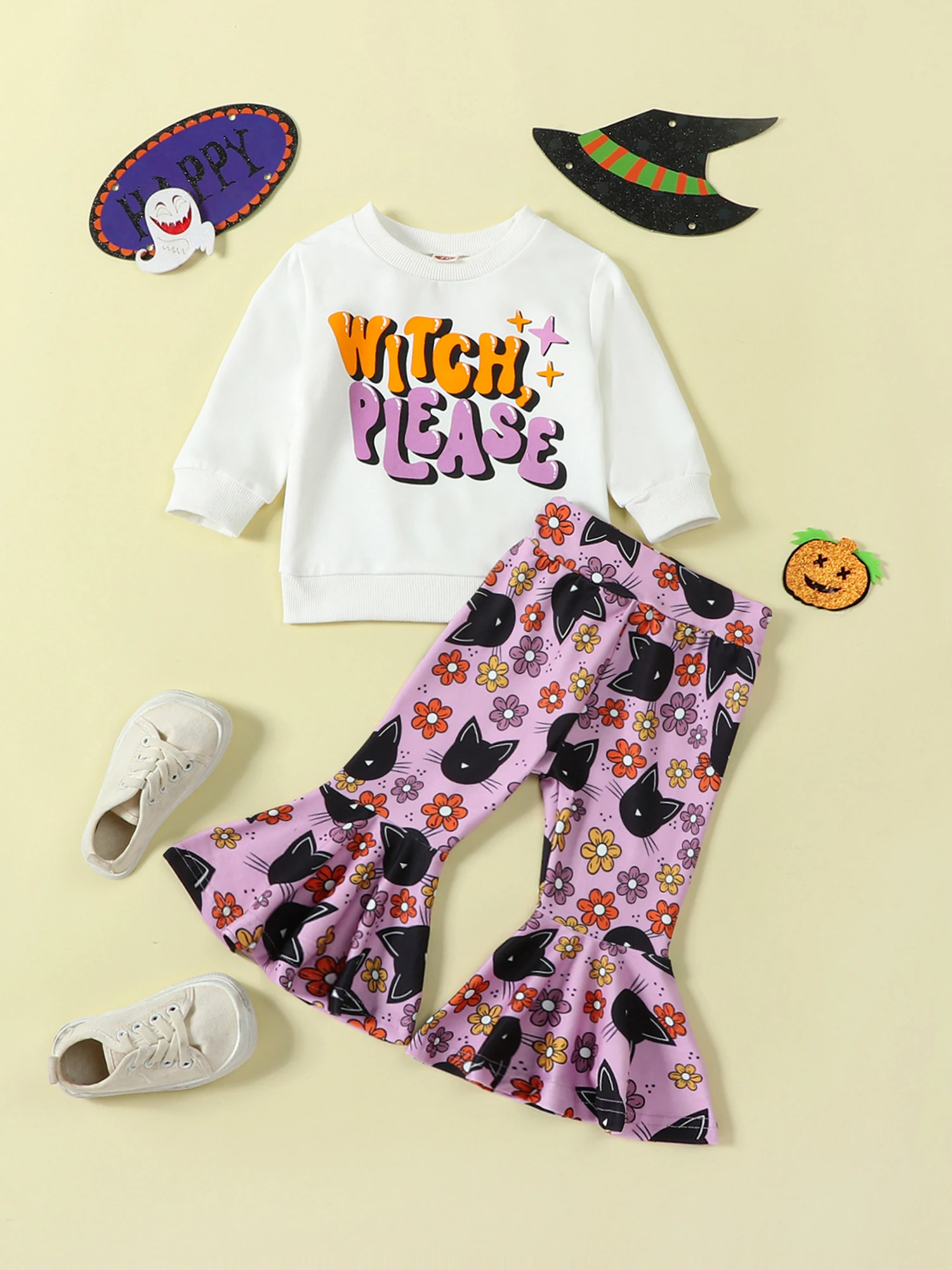 

Костюм на Хэллоуин Omkzanbi для маленьких девочек, свитшот с маленькой тыквой для мамы, топы, привидения, расклешенные брюки, штаны с колокольчиком, осенняя одежда