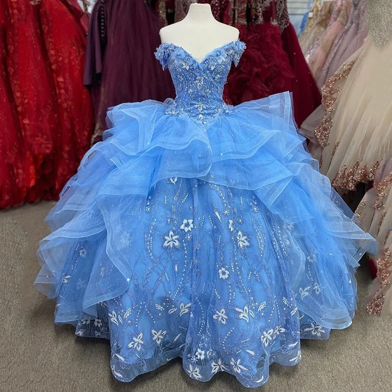 

Light Blue Sweet 16 Quinceanera Dress 2023 Off Shoulder Appliques Sequins Flowers Princess Party Gown Vestidos De 15 Años